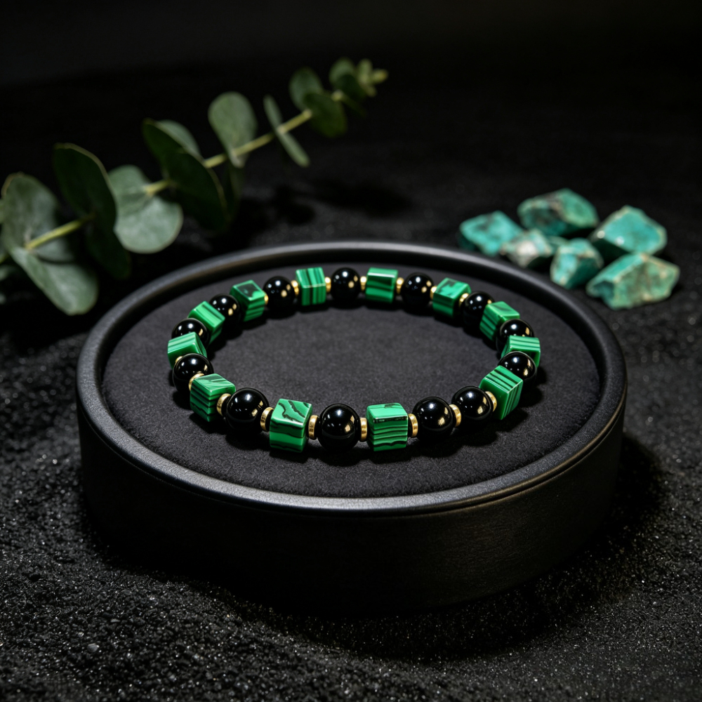 Men's Natural Malachite & Black Onyx Stretch Bracelet, Gift for Him